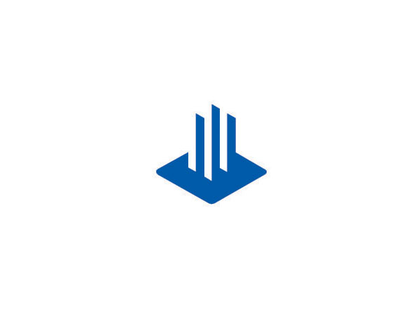 蓝色的四边形和三幢立起的图形来比喻建筑公司logo设计